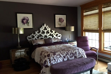 Inspiration for a mid-sized transitional master light wood floor bedroom remodel in Philadelphia with purple walls