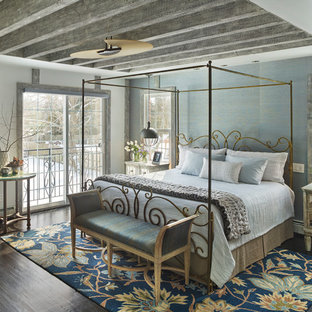 Large cottage chic master dark wood floor and brown floor bedroom photo in Philadelphia with multicolored walls