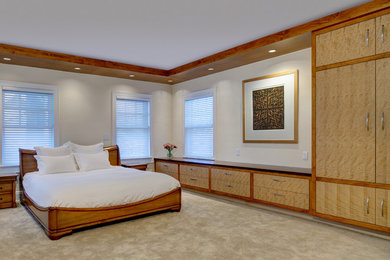 Bedroom - mid-sized contemporary master carpeted and beige floor bedroom idea in Cleveland with white walls and no fireplace