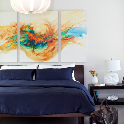 Inspiration for a contemporary dark wood floor bedroom remodel in Vancouver with white walls