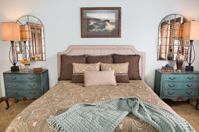Transitional master carpeted bedroom photo in Oklahoma City with blue walls and no fireplace