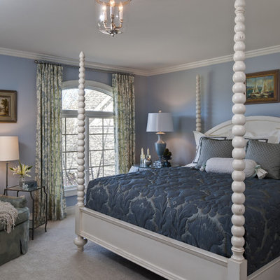 Elegant carpeted and gray floor bedroom photo in Detroit with blue walls and no fireplace
