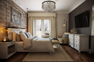 Modelo de dormitorio principal de tamaño medio con paredes marrones y suelo de madera en tonos medios