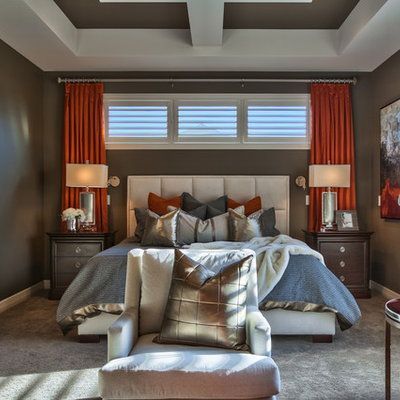 Example of a large transitional master carpeted and gray floor bedroom design in Omaha with brown walls and no fireplace