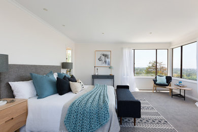 Coastal master bedroom in Sydney with beige walls, carpet and grey floors.