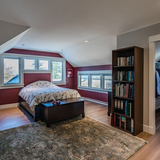 Diseño de dormitorio principal, tradicional, de tamaño medio, con paredes rojas, suelo de madera en tonos medios y suelo marrón
