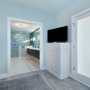 Diseño de dormitorio principal, contemporáneo, de tamaño medio, con paredes grises, suelo de madera clara y suelo gris
