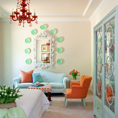 Small eclectic guest carpeted and beige floor bedroom photo in Little Rock with beige walls