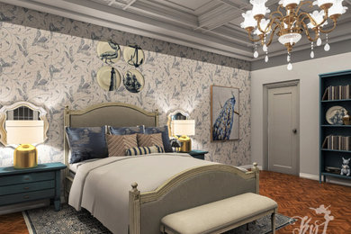 Imagen de dormitorio principal clásico grande con paredes blancas, suelo de madera en tonos medios, chimenea de esquina, marco de chimenea de piedra, suelo marrón y casetón