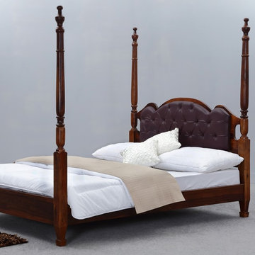 English Tudor Solid Wood & Leather 4-Poster Bed Frame w Headboard