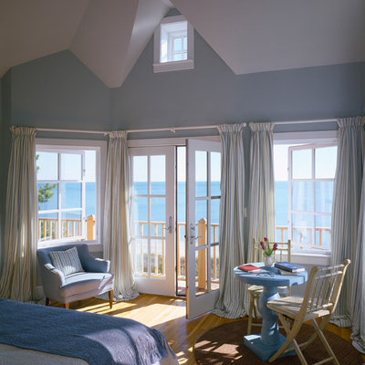 Bedroom - traditional medium tone wood floor bedroom idea in Boston with blue walls
