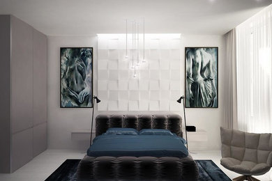 マイアミにある小さなコンテンポラリースタイルのおしゃれな客用寝室 (塗装フローリング、暖炉なし、白い壁)