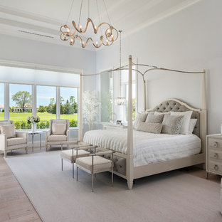 Example of a large transitional master medium tone wood floor bedroom design in Other with blue walls