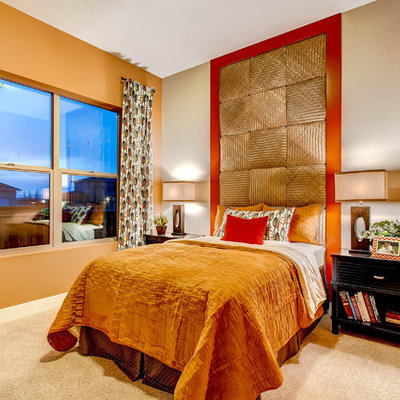 Bedroom - contemporary carpeted bedroom idea in Denver with multicolored walls
