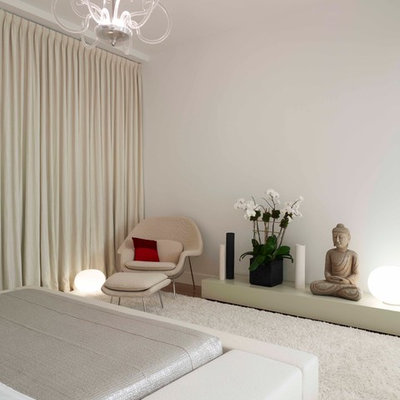 Trendy carpeted bedroom photo in New York with white walls and no fireplace