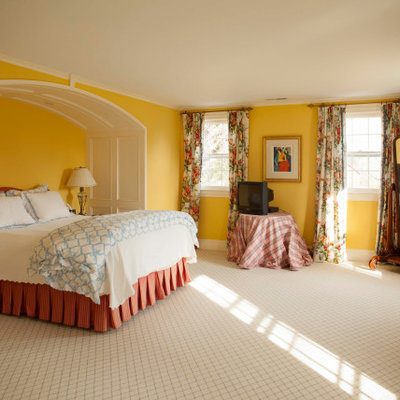 Inspiration for a timeless carpeted and white floor bedroom remodel in New York with yellow walls