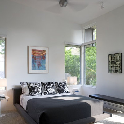 Inspiration for a modern carpeted bedroom remodel in Austin with white walls
