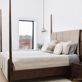 Ejemplo de dormitorio principal, actual, con paredes blancas y suelo vinílico