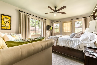 Bedroom - large country master carpeted bedroom idea in Nashville with beige walls