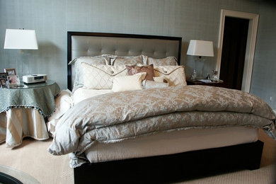 Example of a large ornate master carpeted and beige floor bedroom design in Other with gray walls and no fireplace