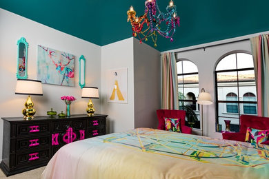Inspiration for a mid-sized eclectic guest carpeted bedroom remodel in Orange County with green walls and no fireplace