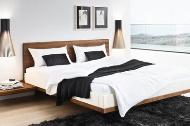 Imagen de dormitorio principal actual de tamaño medio sin chimenea con paredes blancas y suelo de madera clara