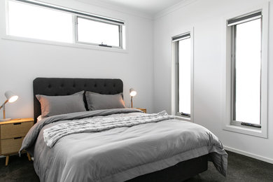 Modelo de dormitorio principal contemporáneo de tamaño medio con paredes blancas, moqueta y suelo gris