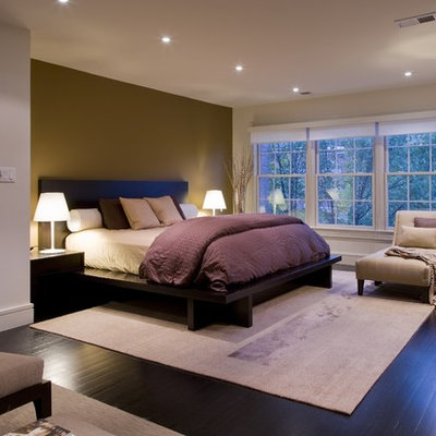 Bedroom - traditional dark wood floor and black floor bedroom idea in DC Metro with beige walls