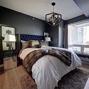 Ejemplo de dormitorio principal, contemporáneo, pequeño, sin chimenea, con paredes azules y suelo vinílico