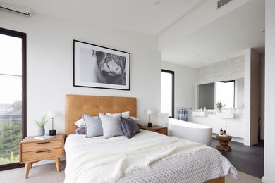 シドニーにある広いコンテンポラリースタイルのおしゃれな主寝室 (白い壁、カーペット敷き、ベージュの床)