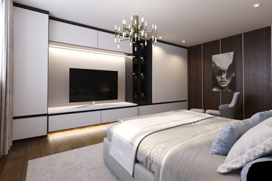 Mittelgroßes Modernes Hauptschlafzimmer ohne Kamin mit weißer Wandfarbe, dunklem Holzboden und braunem Boden in London