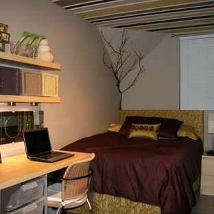 Diseño de dormitorio contemporáneo, pequeño, con paredes grises, suelo vinílico y suelo gris