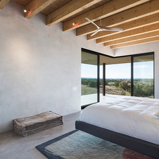 Mittelgroßes Modernes Hauptschlafzimmer mit grauer Wandfarbe, Betonboden, Gaskamin und Kaminumrandung aus Beton in Albuquerque