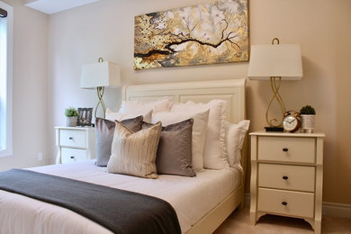 Transitional master carpeted and beige floor bedroom photo in Edmonton with beige walls