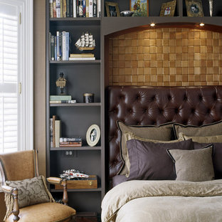Design ideas for a mid-sized victorian master bedroom in Boston with brown walls, medium hardwood floors, no fireplace and brown floor.