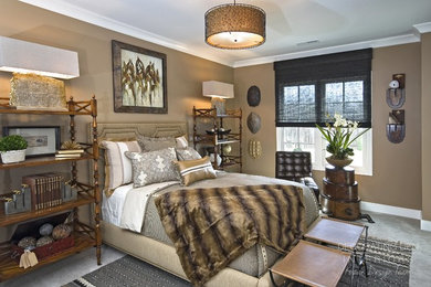 Example of a large trendy guest carpeted bedroom design in Other with brown walls
