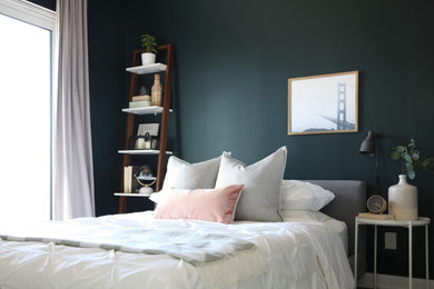 Inspiration for a small eclectic master laminate floor and brown floor bedroom remodel in Toronto with green walls