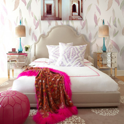 Mid-sized trendy master bedroom photo in New York with multicolored walls