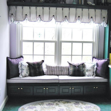 Girls Bedroom window seat, pillows, and valance