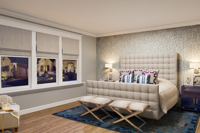 Стильный дизайн: большая хозяйская спальня в стиле неоклассика (современная классика) с серыми стенами, паркетным полом среднего тона, стандартным камином и фасадом камина из штукатурки - последний тренд