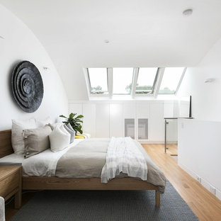 This is an example of a mid-sized contemporary loft-style bedroom in Other with white walls, medium hardwood floors and brown floor.