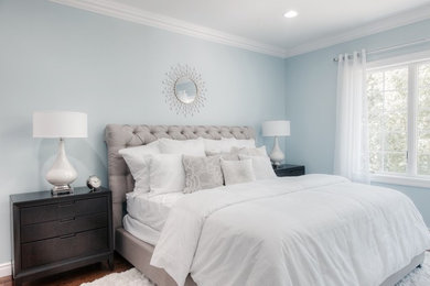 ニューヨークにある中くらいなトランジショナルスタイルのおしゃれな主寝室 (青い壁、淡色無垢フローリング) のインテリア