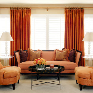 Example of a mid-sized trendy master carpeted bedroom design in Little Rock with beige walls and no fireplace