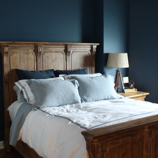 Diseño de dormitorio principal, actual, pequeño, con paredes azules y suelo de madera oscura
