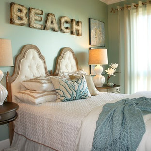 Bedroom - mid-sized coastal guest carpeted bedroom idea in Miami with blue walls and no fireplace