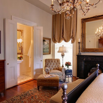 Grand Guest Bedroom with Painted Iron Bed and Silk Drapery