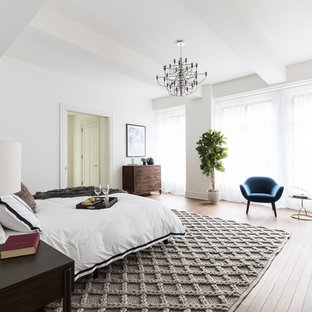 Foto de dormitorio principal, contemporáneo, con paredes blancas y suelo de madera clara