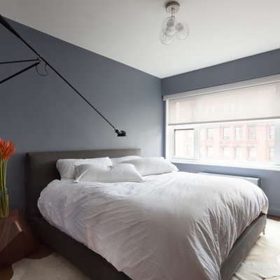 Example of a mid-sized trendy master medium tone wood floor and brown floor bedroom design in New York with gray walls and no fireplace