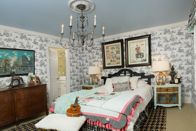 Bedroom - small shabby-chic style guest carpeted and beige floor bedroom idea in Other with black walls and no fireplace