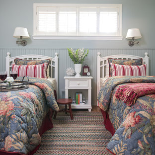 Foto de habitación de invitados clásica, pequeña, con paredes azules, suelo de madera en tonos medios y suelo multicolor